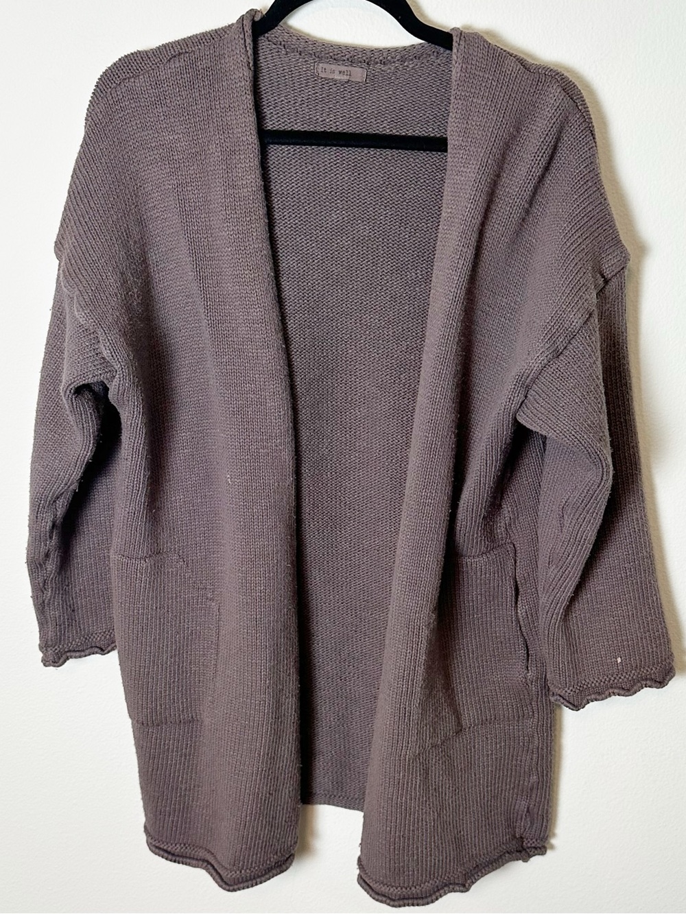It Is Well LA Chunky Cardigan Sweater Cotton Taupe Pockets Large